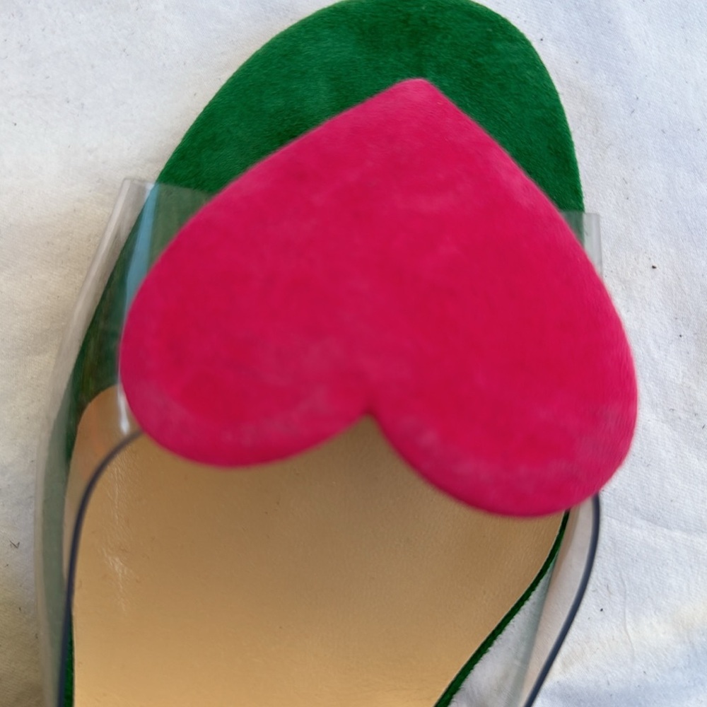 Christian Louboutin Green Suede Sandals with Pink Heart Accents - Picture 5 of 8